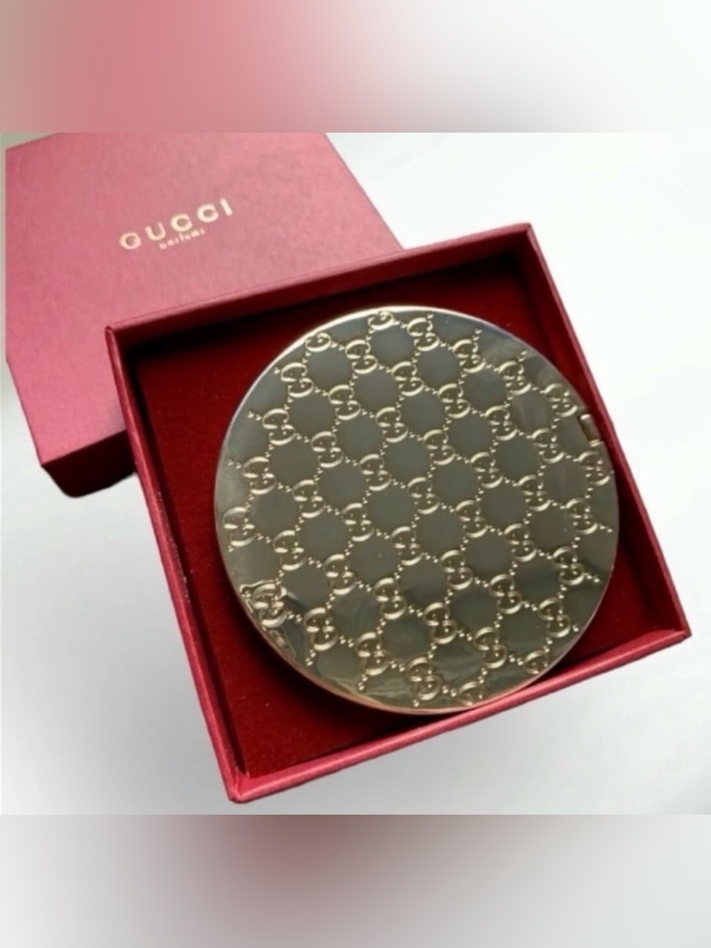 Gucci Gold-Tone Monogram Compact Mirror in Red Box